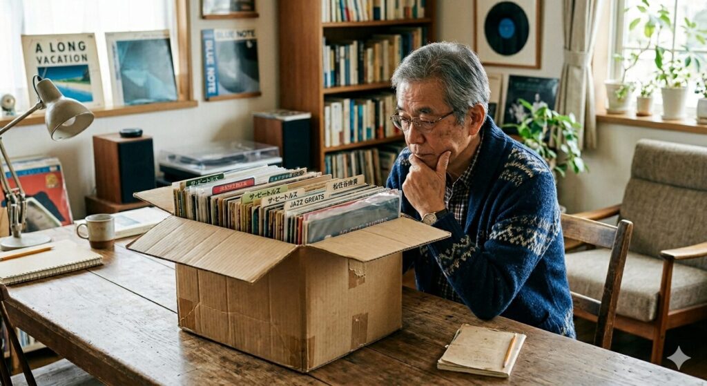レコードのダンボール前で悩むシニア男性